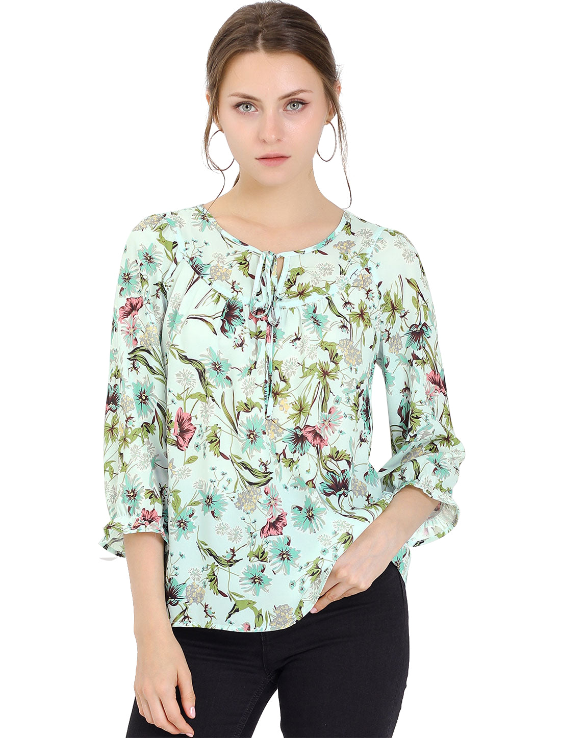 Women's Tie Neck 3/4 Sleeve Floral Blouse Bow Top (Available in Plus Size)