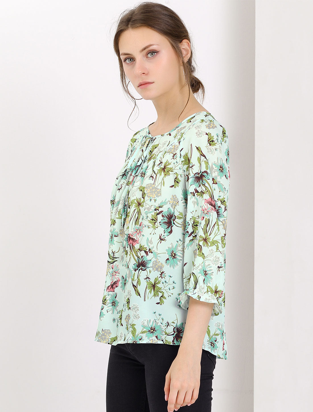 Women's Tie Neck 3/4 Sleeve Floral Blouse Bow Top (Available in Plus Size)
