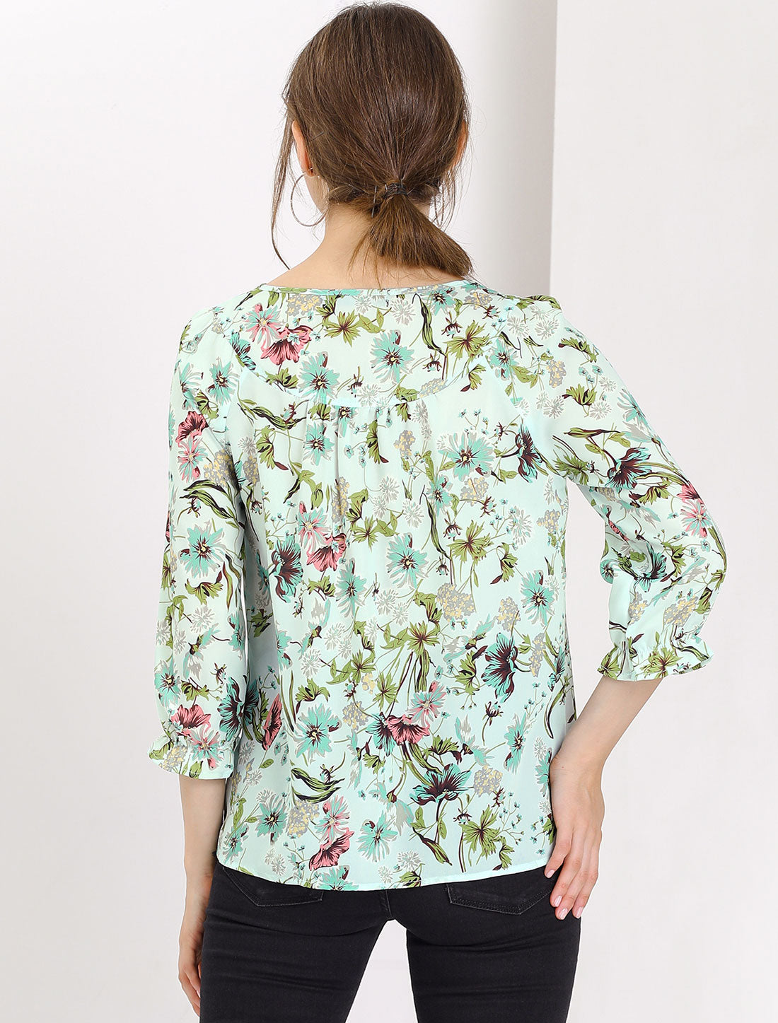 Women's Tie Neck 3/4 Sleeve Floral Blouse Bow Top (Available in Plus Size)