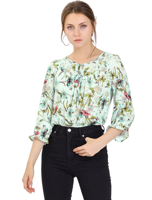 Women's Tie Neck 3/4 Sleeve Floral Blouse Bow Top (Available in Plus Size)