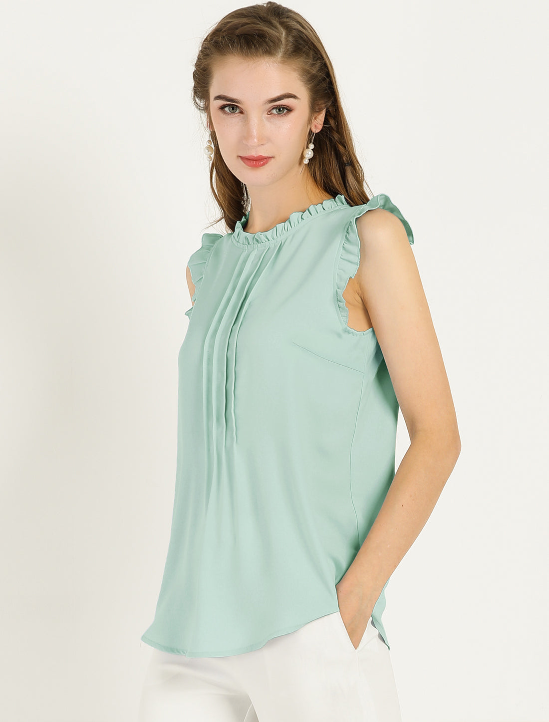 Women's Business Casual Sleeveless Ruffle Blouse Top