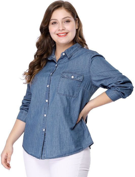 Women's Plus Size Button Down Long Sleeve Chest Pocket Chambray Shirt
