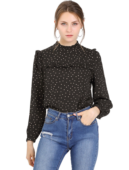 Women's Long Sleeve Mock Neck Ruffle Polka Dots Blouse