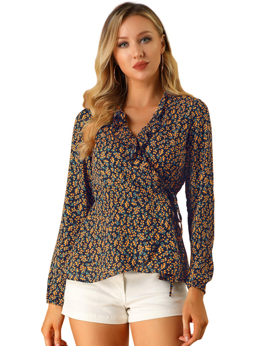 Women's Floral V Neck Wrap Top Long Sleeve Tie Waist Ruffle Peplum Blouse