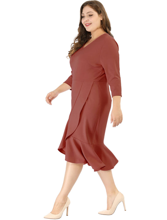 Women's Plus Size Business Ruffled Dress 3/4 Sleeve Office Work Cocktail Dresses Party Wrap Dress