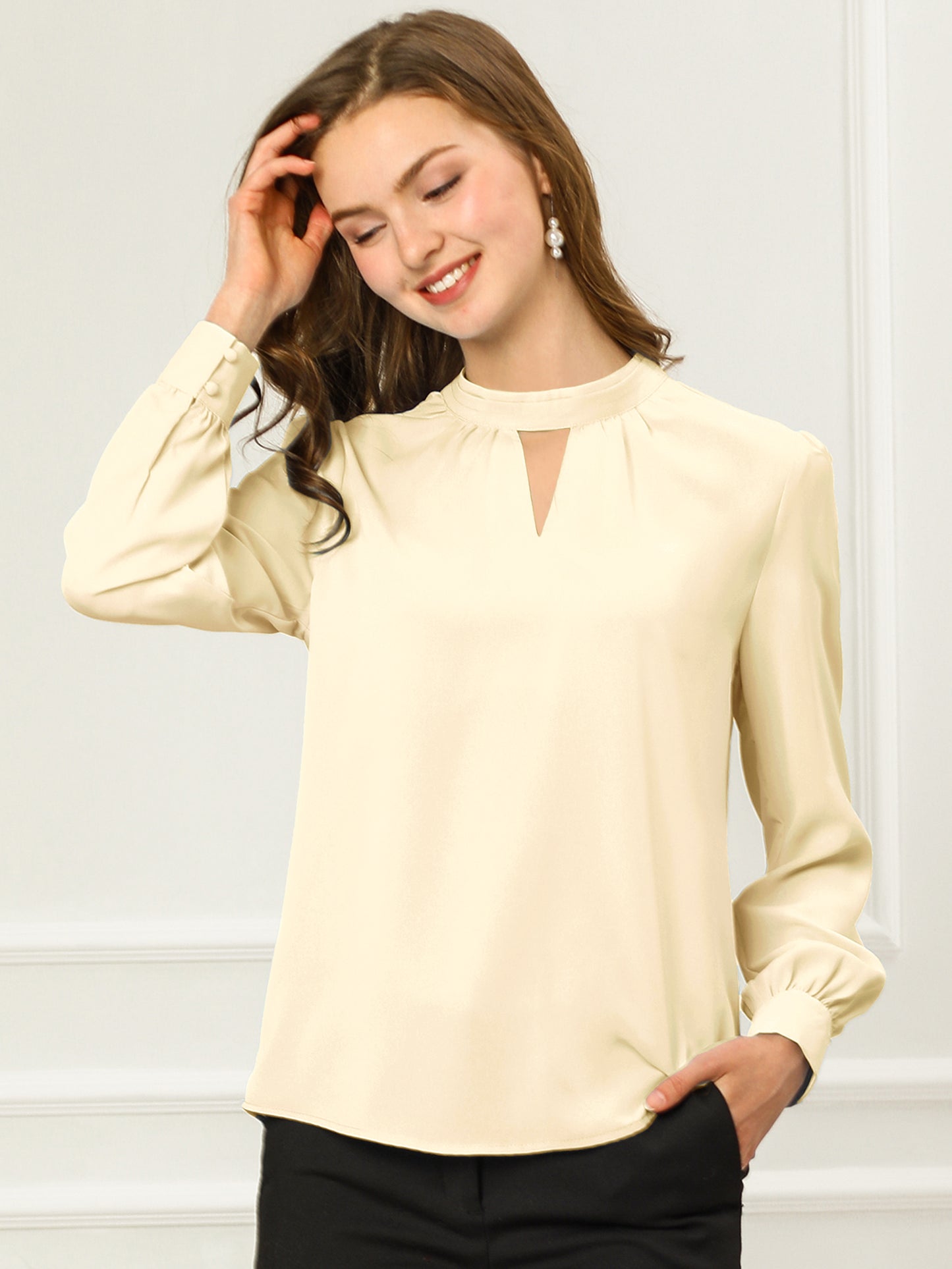 Women's Work Tops Business Casual Shirt Elegant Stand Collar Keyhole Long Sleeve Blouse (Available in Plus Size)