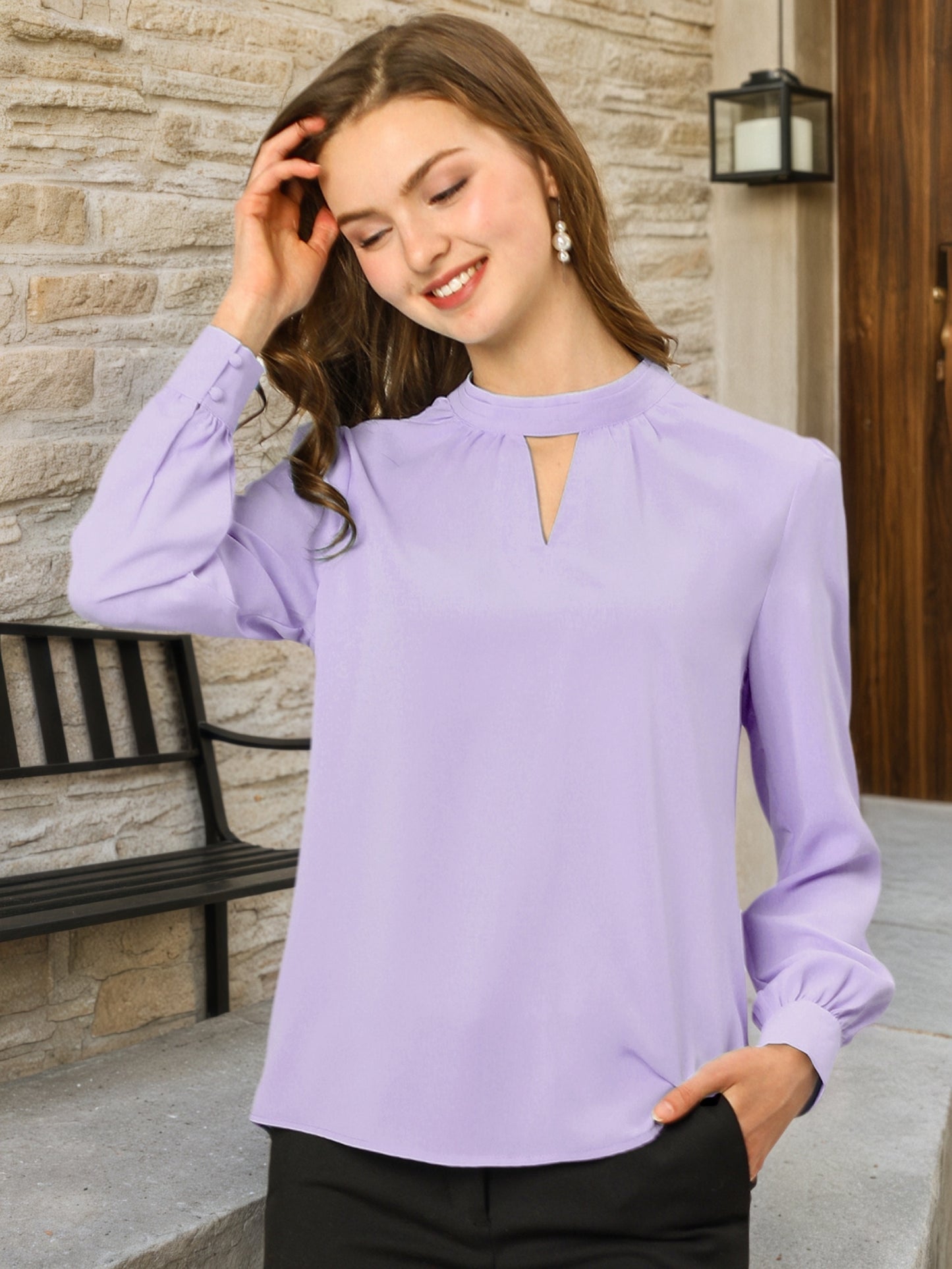 Women's Work Tops Business Casual Shirt Elegant Stand Collar Keyhole Long Sleeve Blouse (Available in Plus Size)