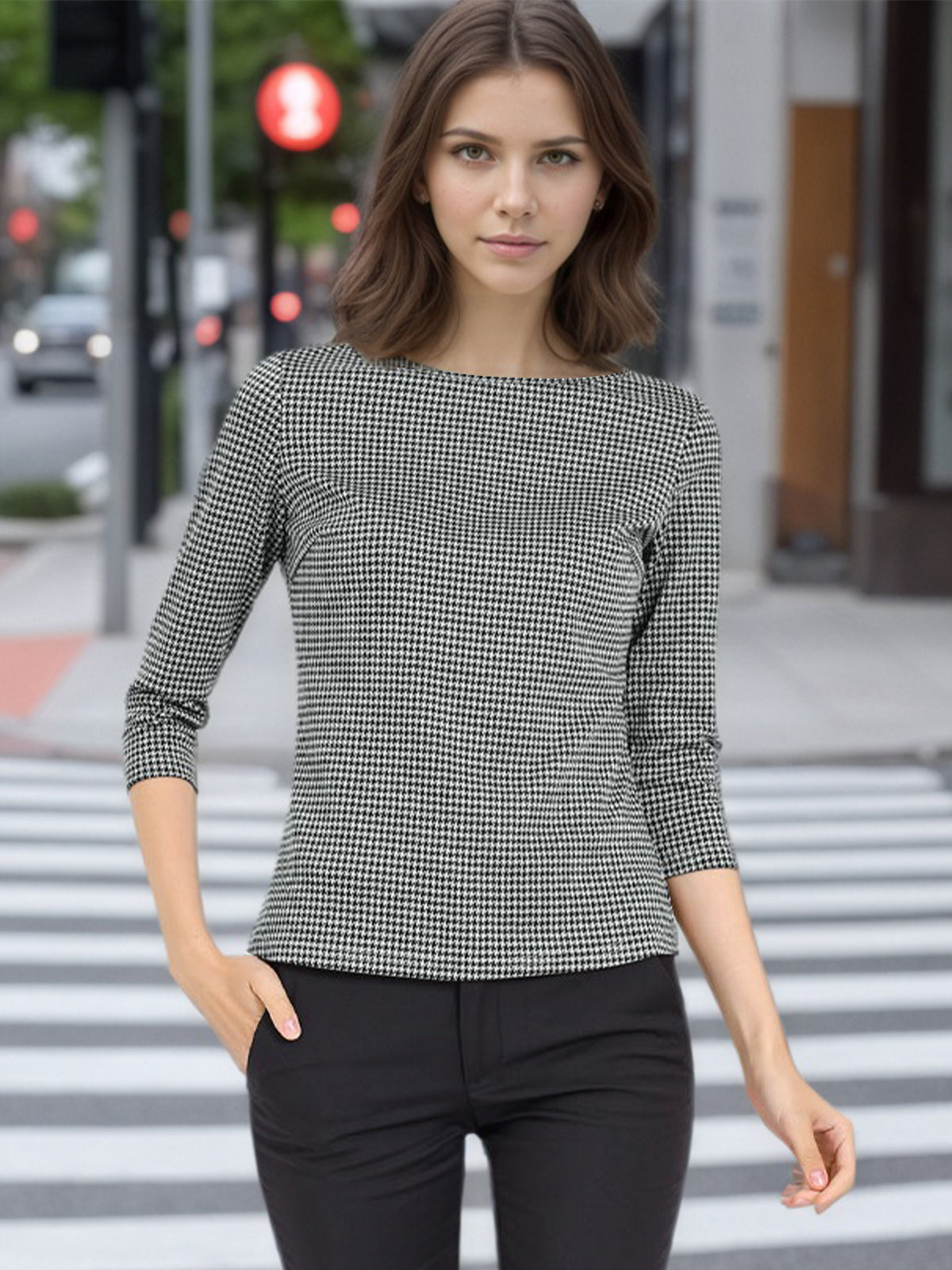 Women Houndstooth Plaid Boat Neck 3/4 Sleeve Blouse Fall Outfits