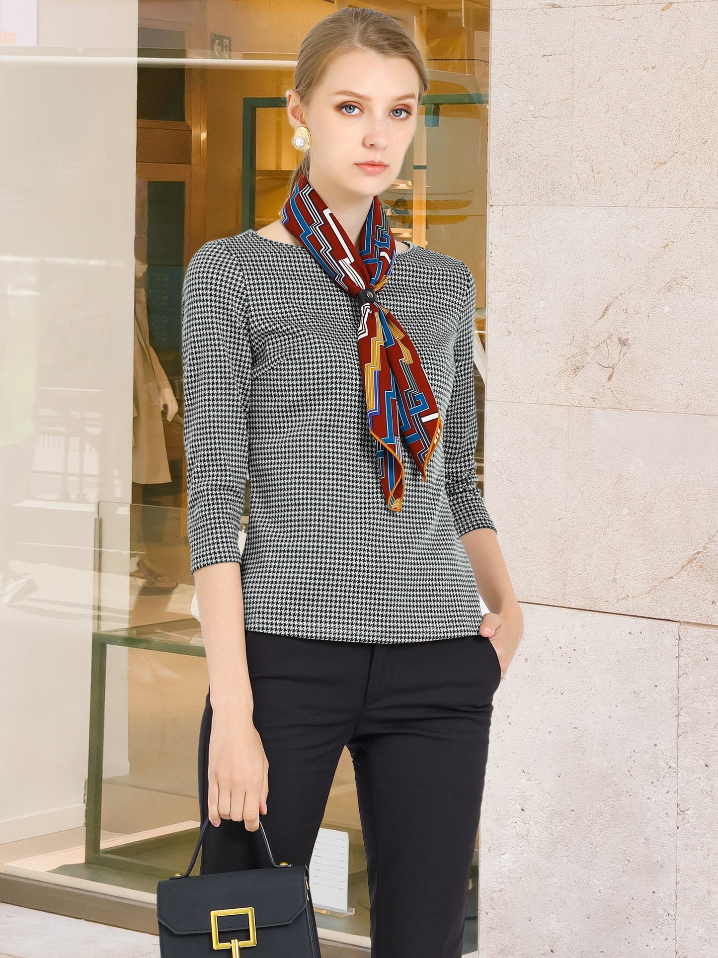 Women Houndstooth Plaid Boat Neck 3/4 Sleeve Blouse Fall Outfits