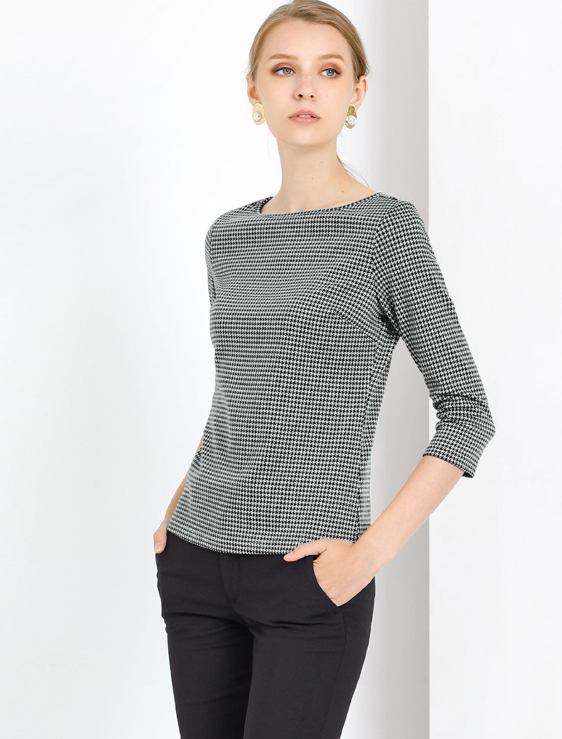 Women Houndstooth Plaid Boat Neck 3/4 Sleeve Blouse Fall Outfits