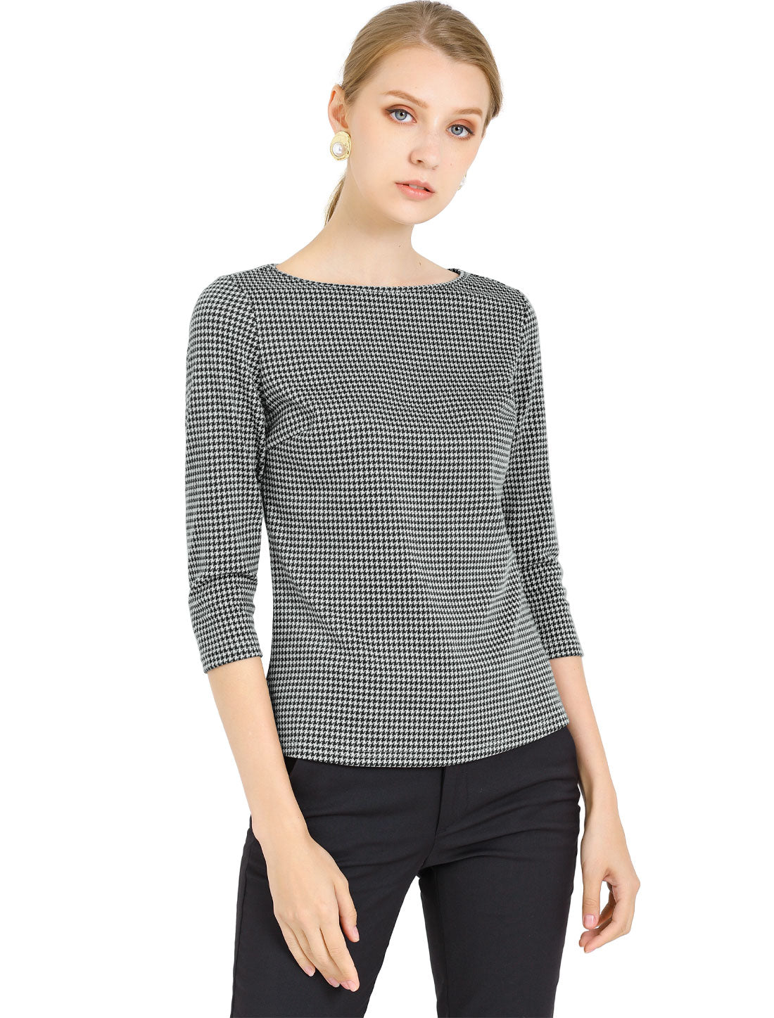 Women Houndstooth Plaid Boat Neck 3/4 Sleeve Blouse Fall Outfits