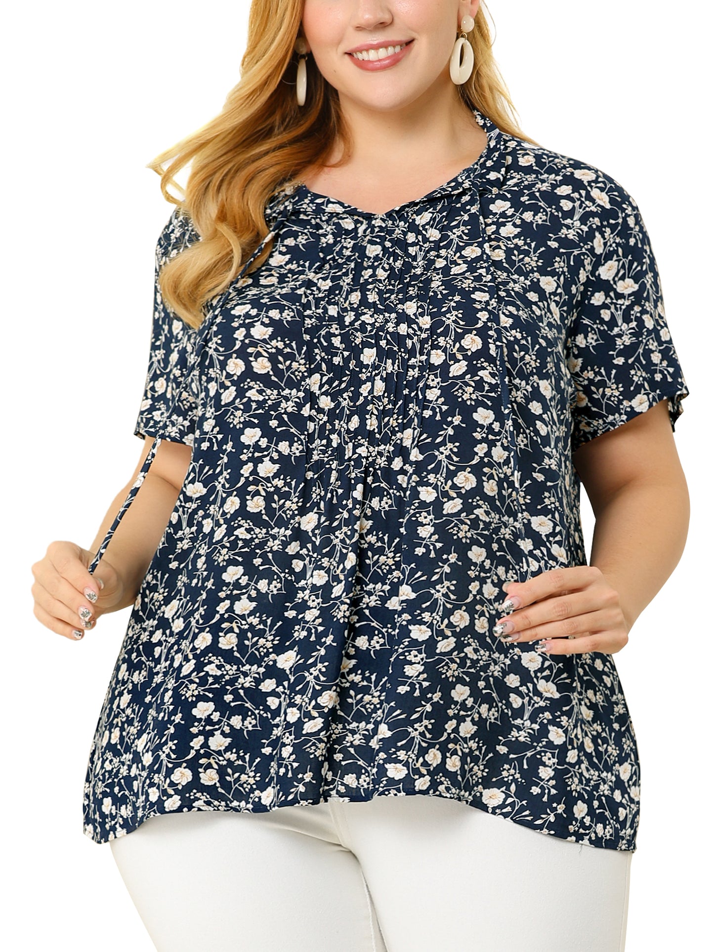 Women Plus Size Tie Neck Short Sleeve Pleated Floral Summer Blouse
