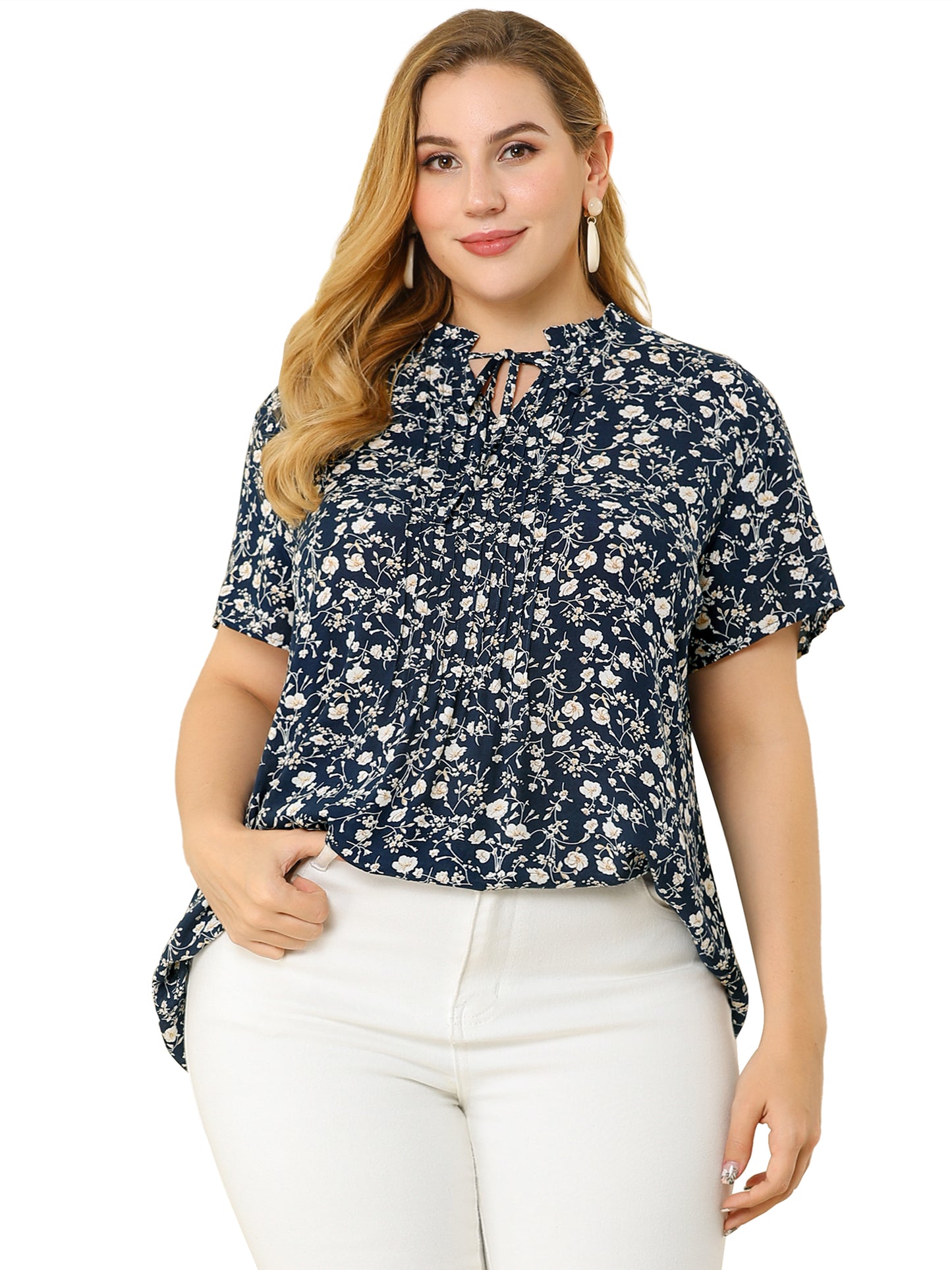 Women Plus Size Tie Neck Short Sleeve Pleated Floral Summer Blouse