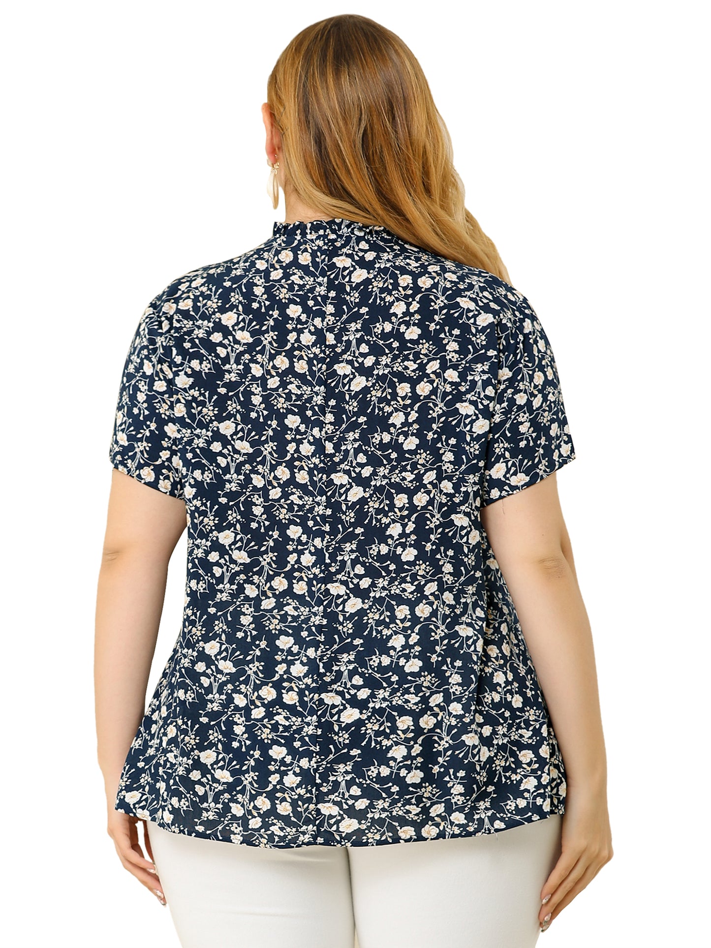 Women Plus Size Tie Neck Short Sleeve Pleated Floral Summer Blouse