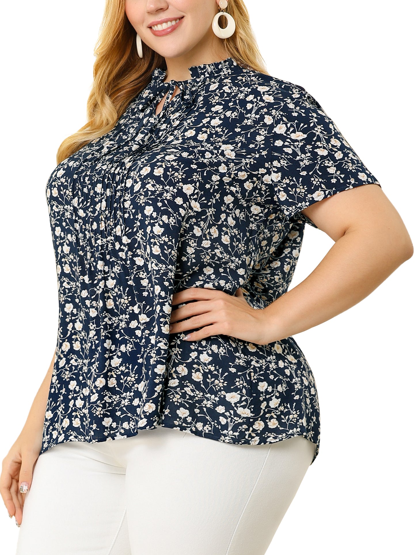 Women Plus Size Tie Neck Short Sleeve Pleated Floral Summer Blouse