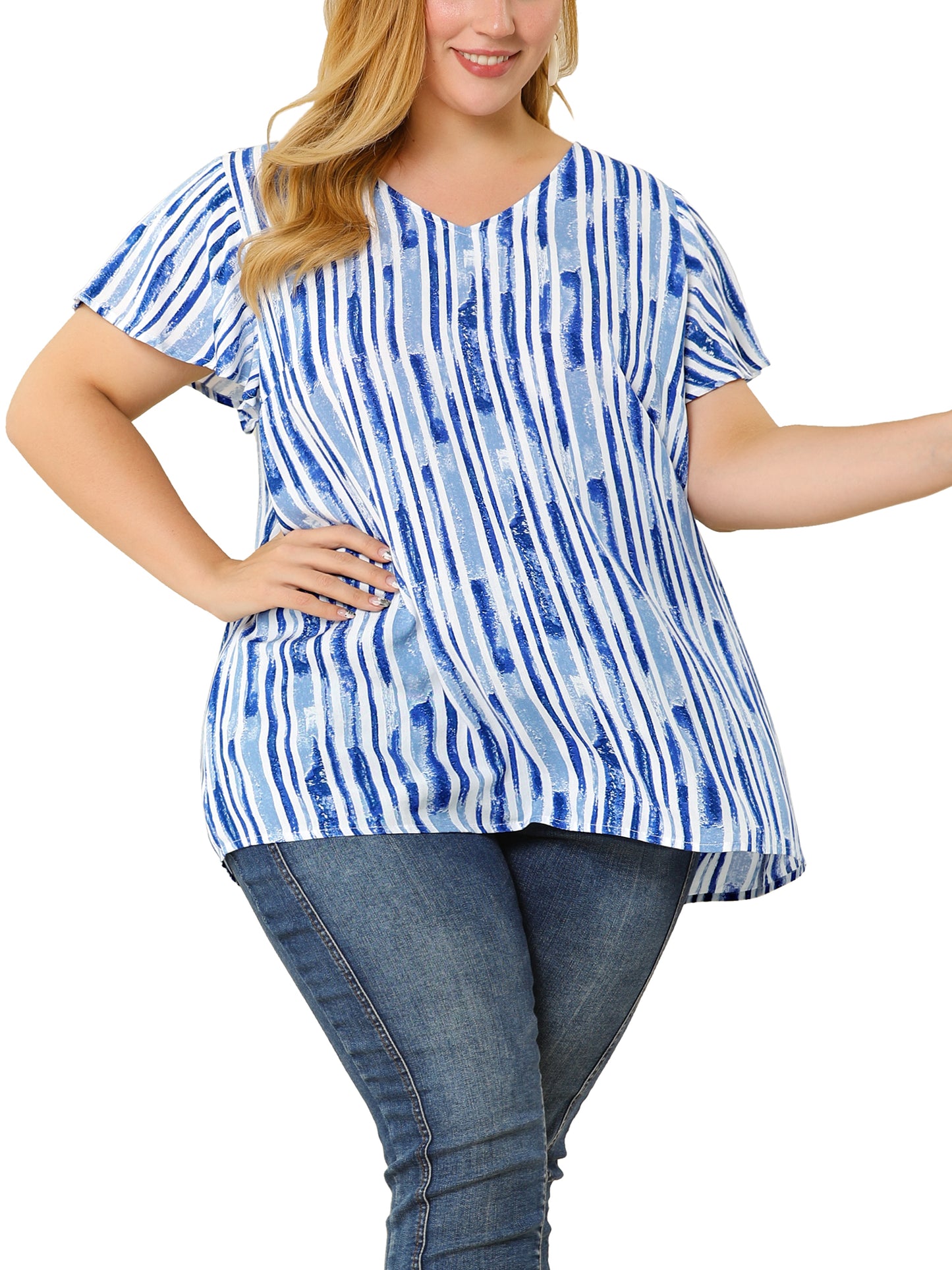 Women Plus Size Top Summer Short Sleeve V Neck Stripe Print Casual Blouse