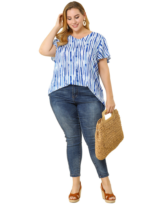 Women Plus Size Top Summer Short Sleeve V Neck Stripe Print Casual Blouse