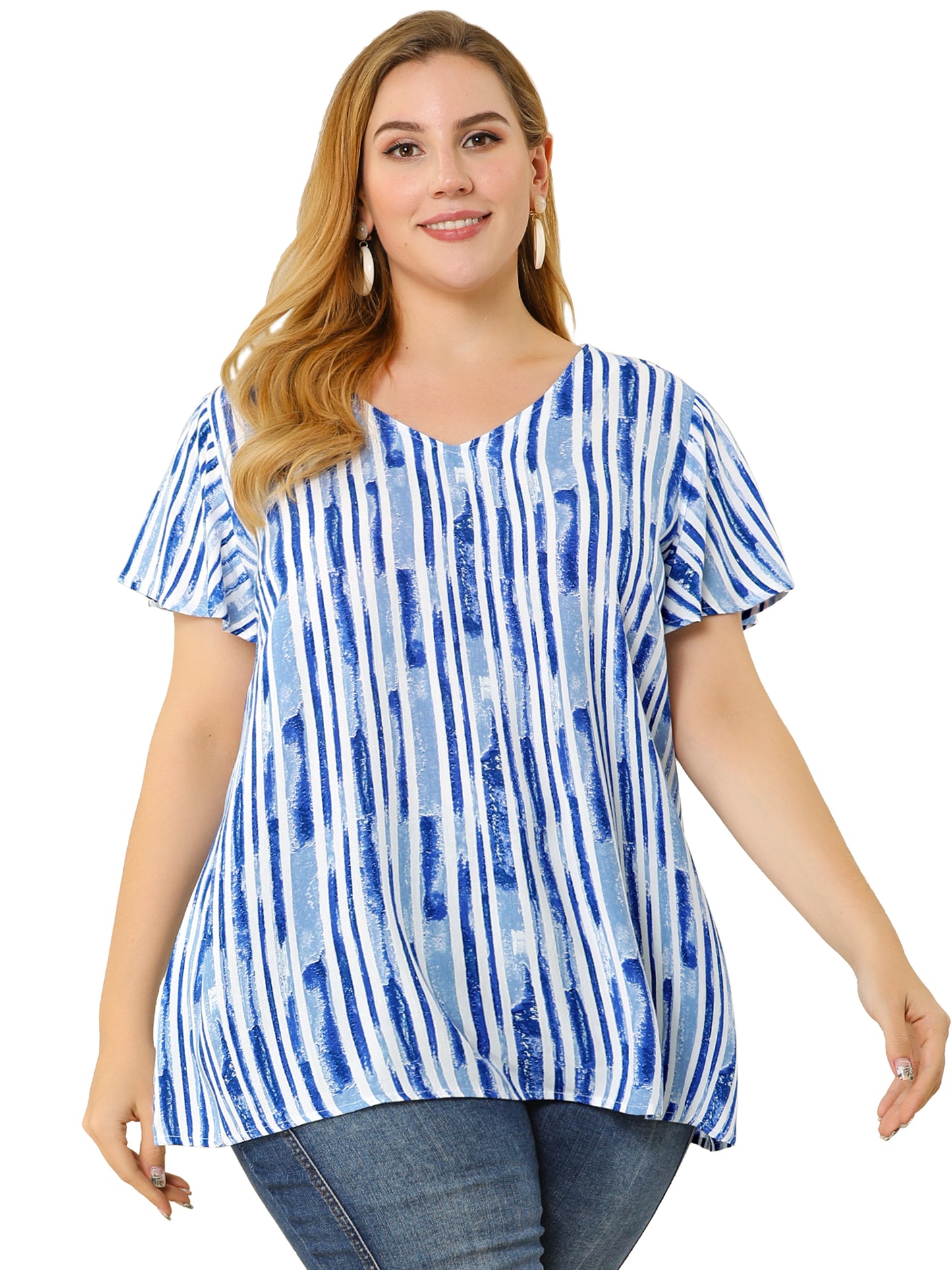 Women Plus Size Top Summer Short Sleeve V Neck Stripe Print Casual Blouse