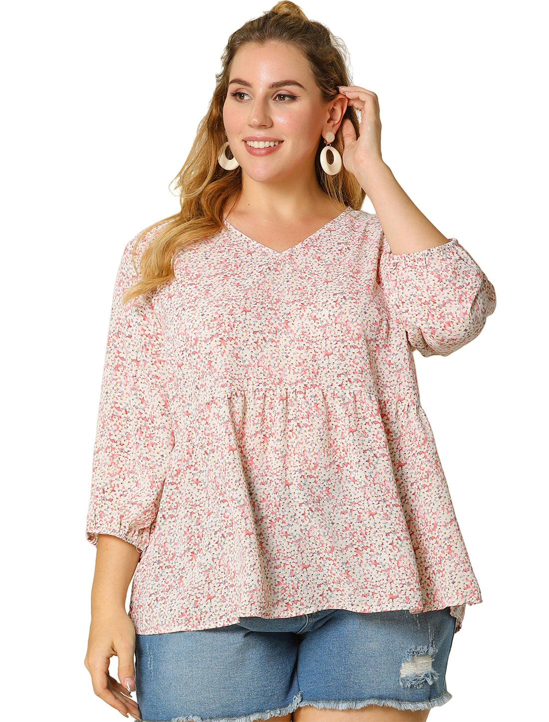 Women's Plus Size Top V Neck Babydoll Flowy 3/4 Lantern Sleeve Floral Blouse