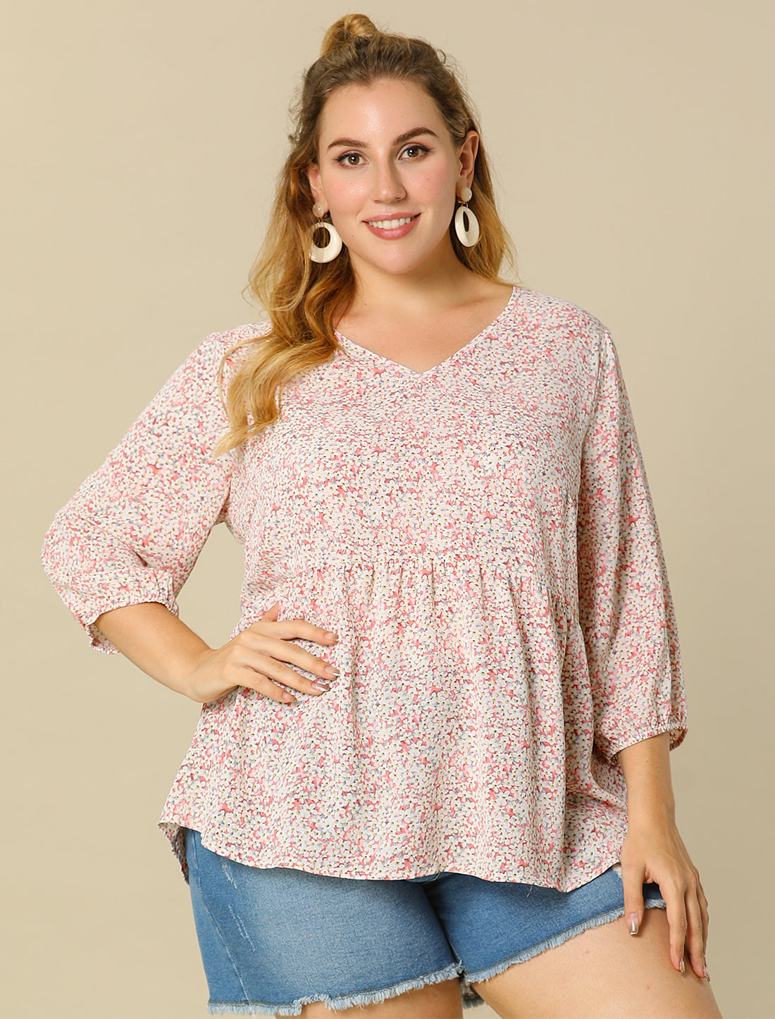 Women's Plus Size Top V Neck Babydoll Flowy 3/4 Lantern Sleeve Floral Blouse