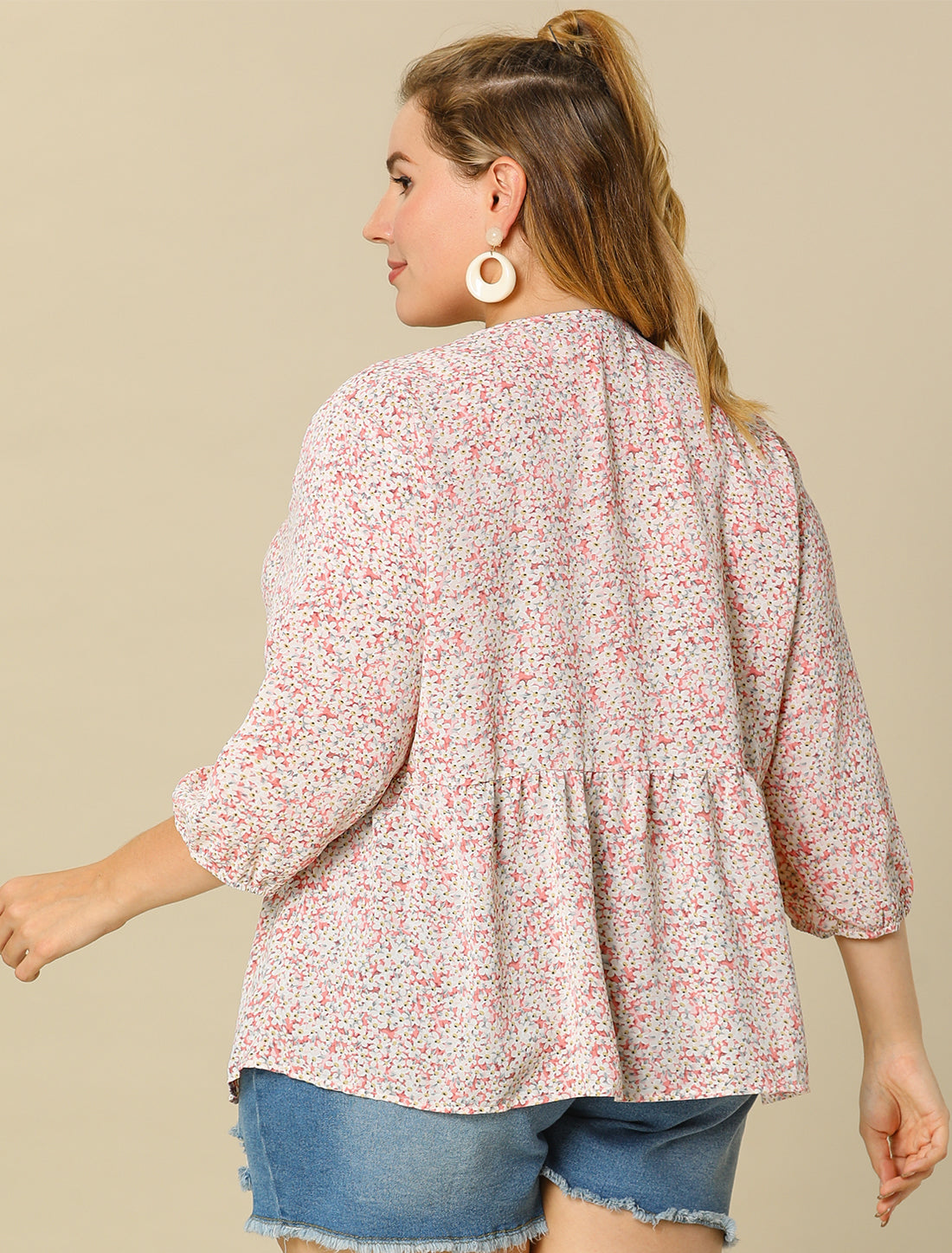 Women's Plus Size Top V Neck Babydoll Flowy 3/4 Lantern Sleeve Floral Blouse