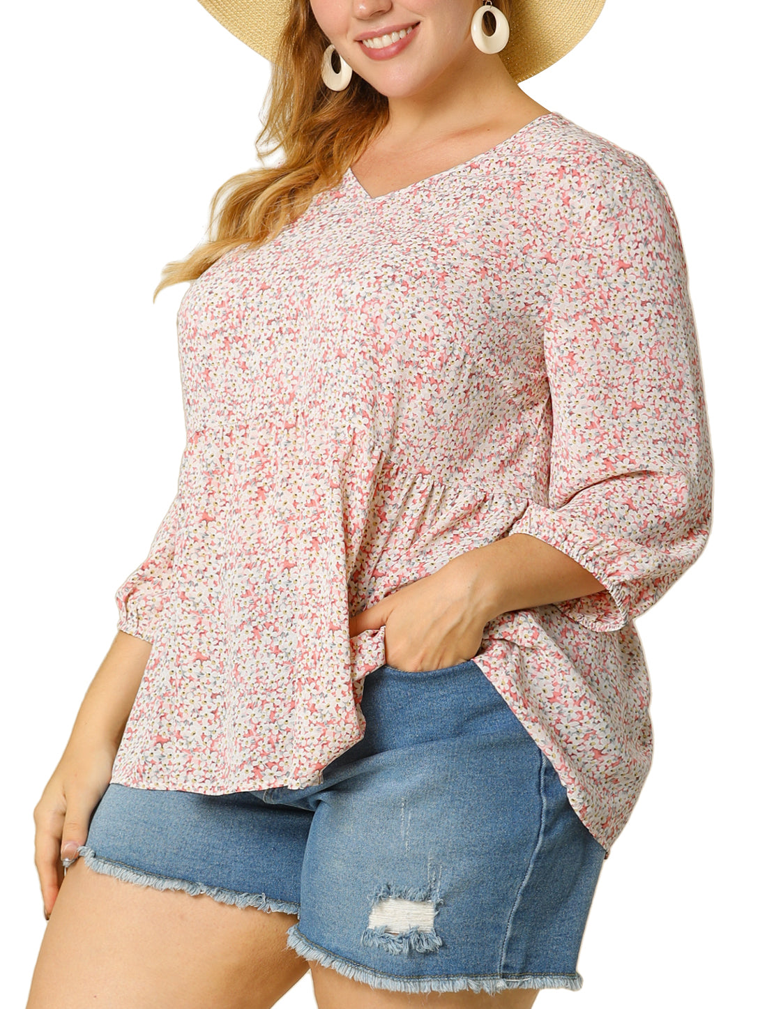 Women's Plus Size Top V Neck Babydoll Flowy 3/4 Lantern Sleeve Floral Blouse