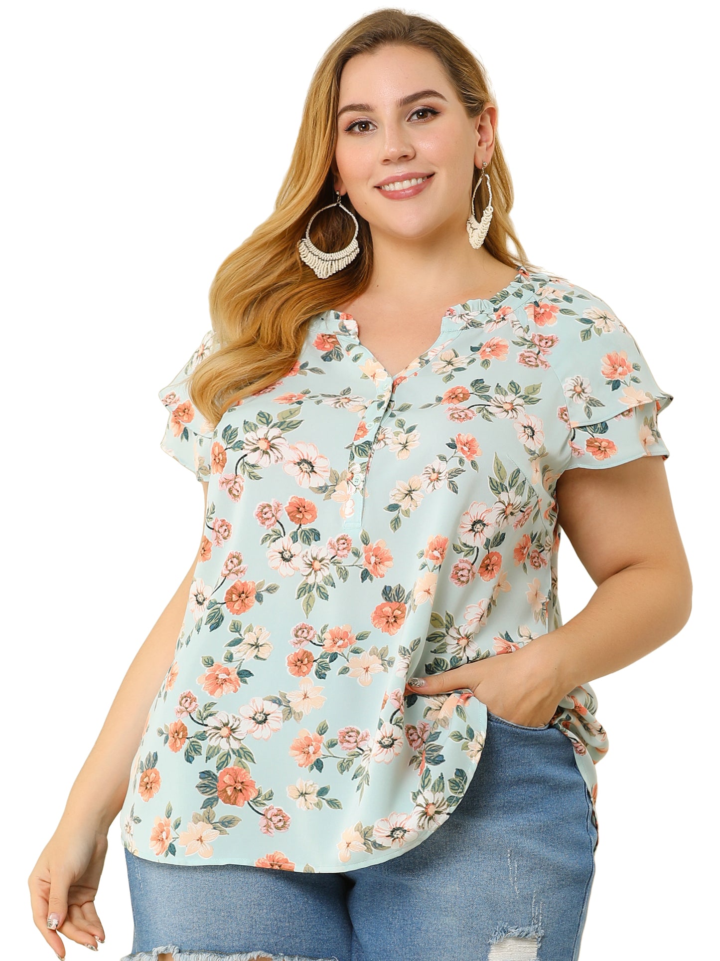 Women's Plus Size Top Floral Printed Ruffle Trim V Neck Layered Sleeve Blouse