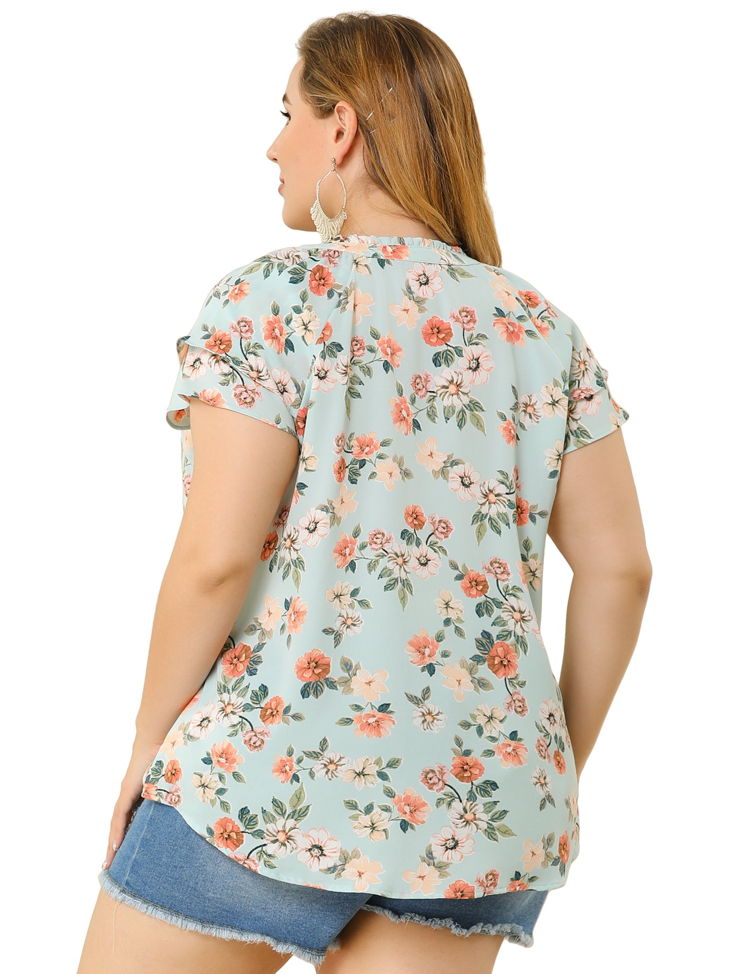 Women's Plus Size Top Floral Printed Ruffle Trim V Neck Layered Sleeve Blouse