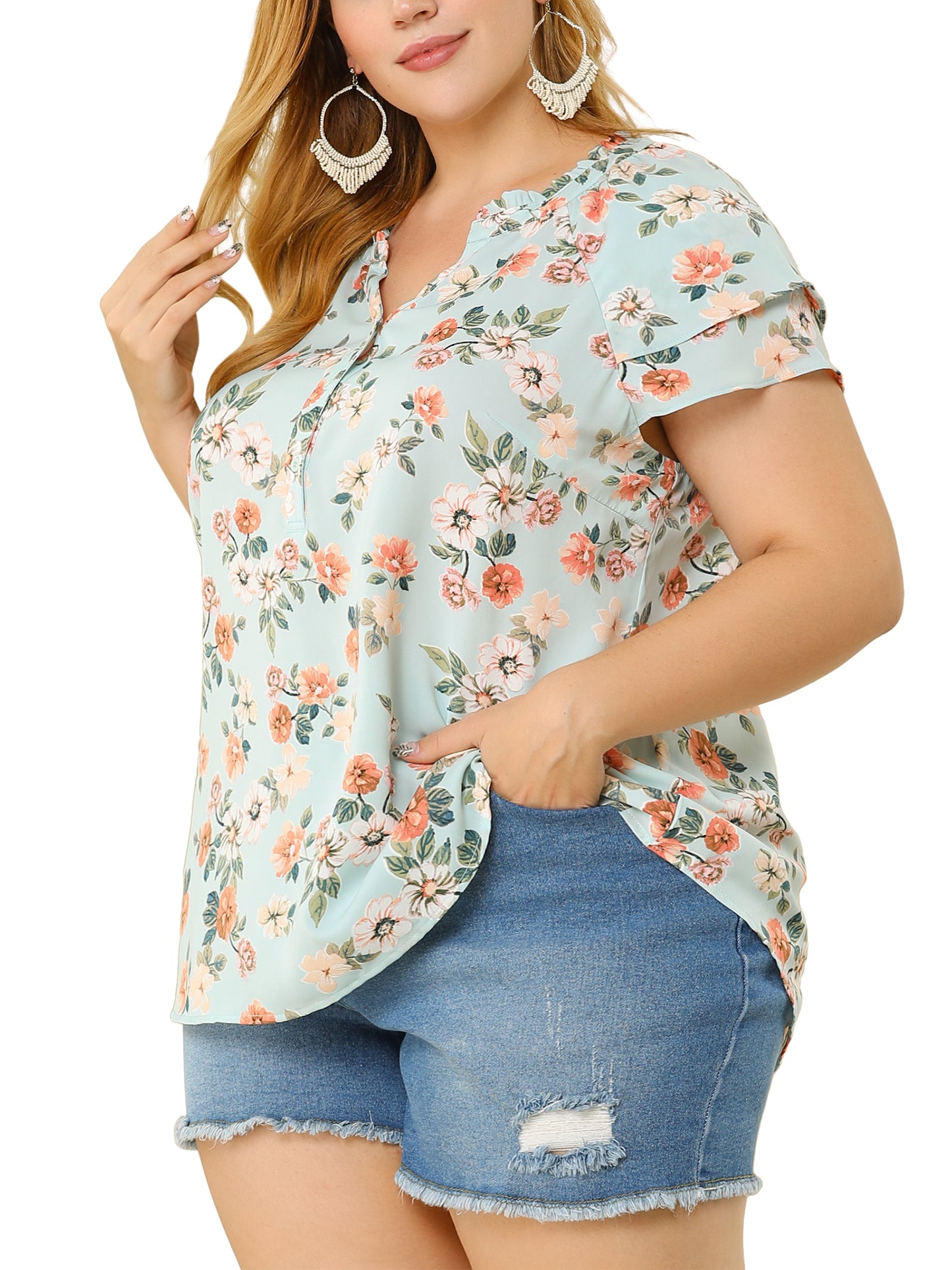 Women's Plus Size Top Floral Printed Ruffle Trim V Neck Layered Sleeve Blouse