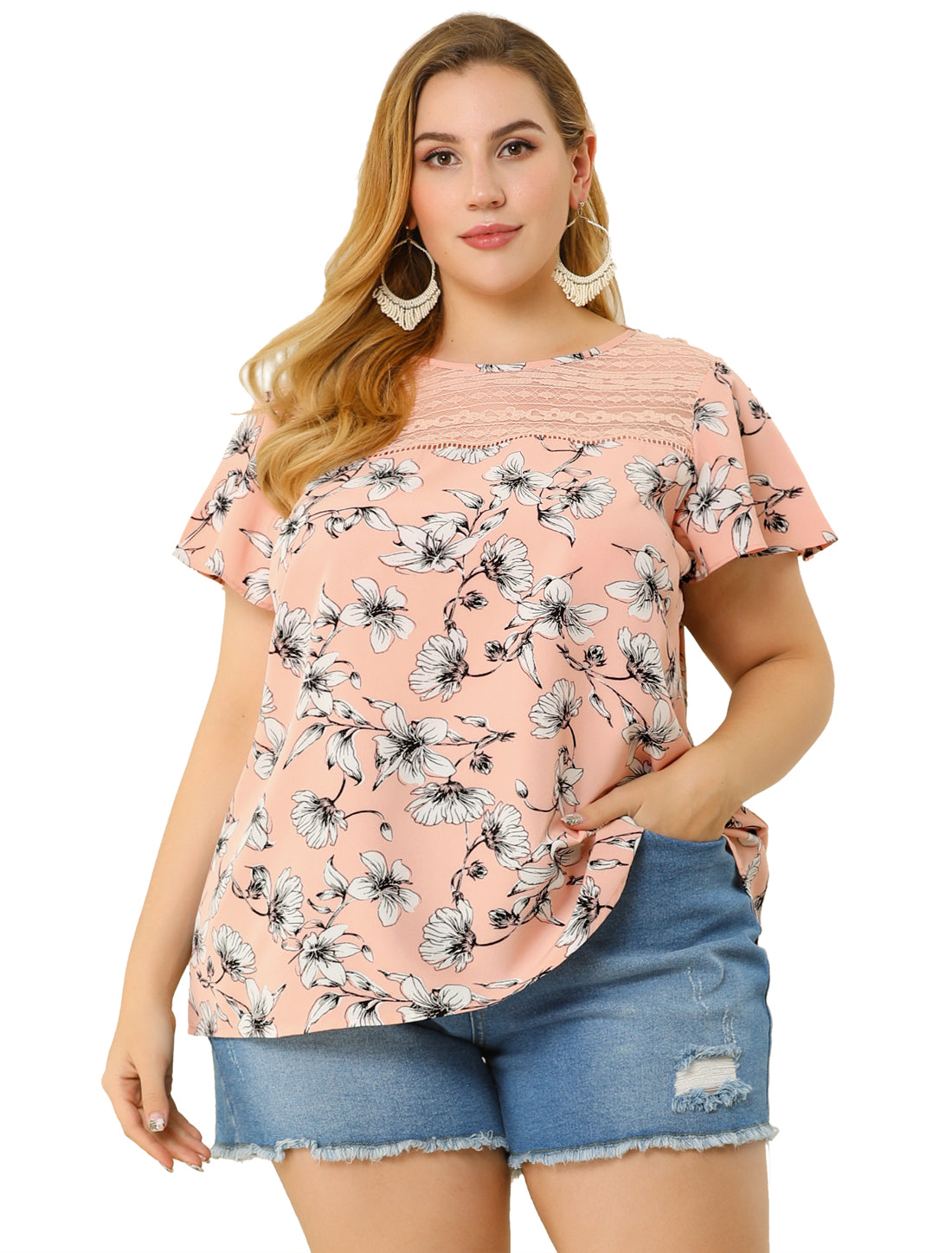 Women Plus Size Flared Sleeve Floral Summer Lace Panel Tunic Blouse