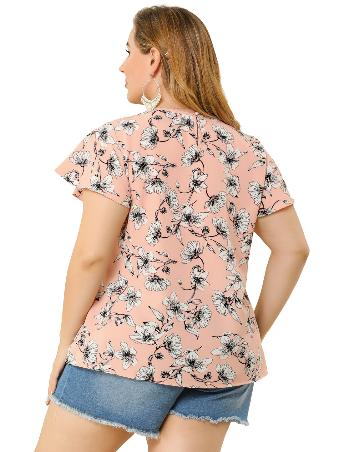 Women Plus Size Flared Sleeve Floral Summer Lace Panel Tunic Blouse