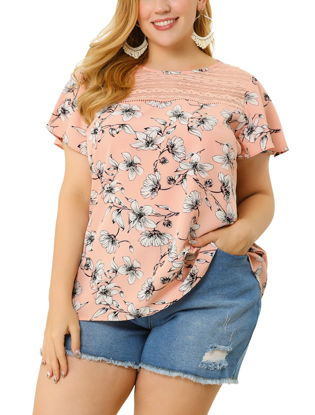Women Plus Size Flared Sleeve Floral Summer Lace Panel Tunic Blouse