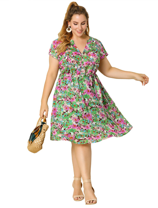 Women's Plus Size V Neck Belted Summer Floral Dresses