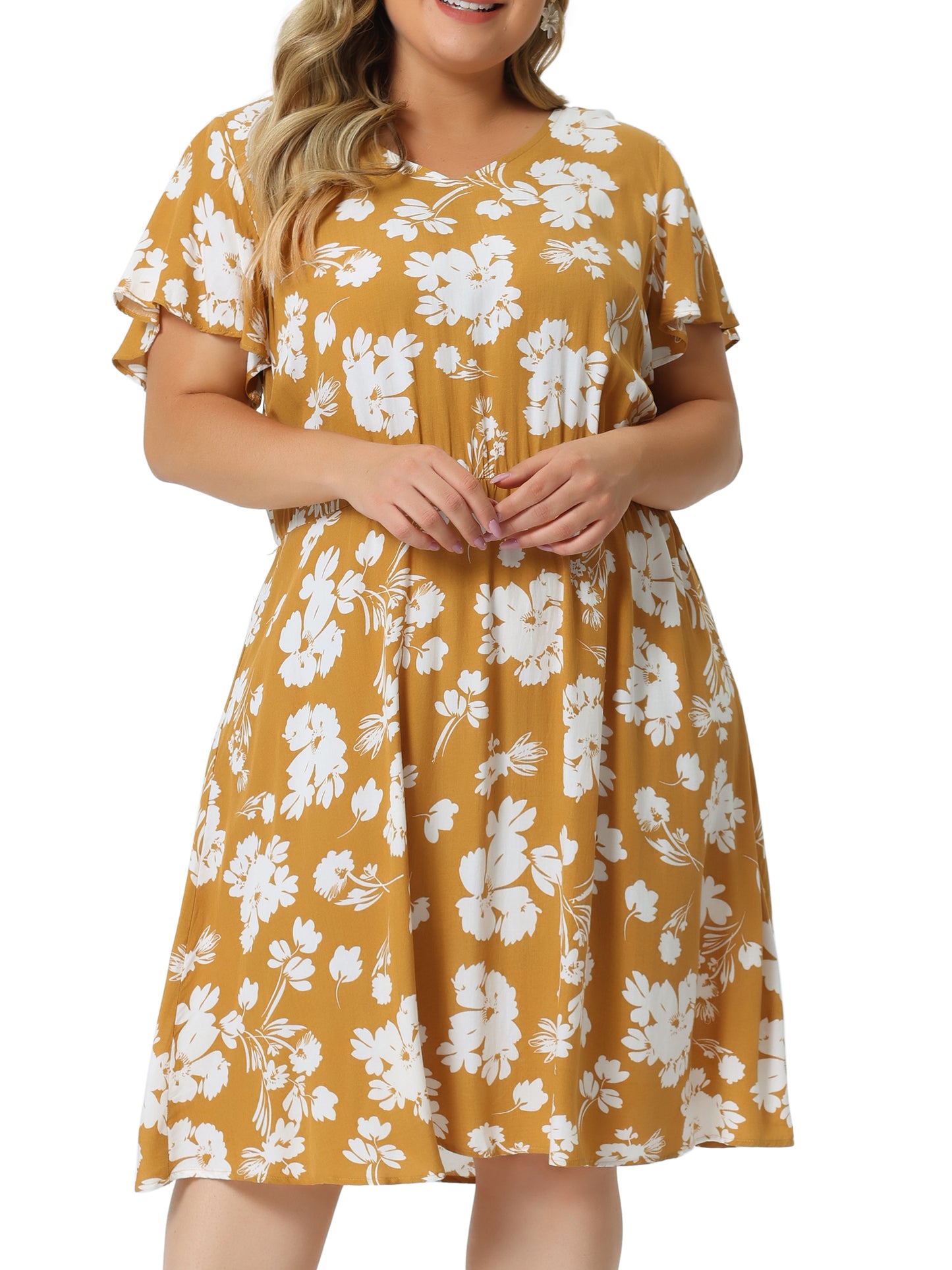 Women Plus Size Summer V Neck Flare Sleeve Sundress Peplum Midi Ruffle Dress
