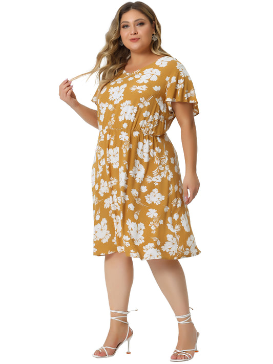 Vestido veraniego de talla grande con escote en V y mangas acampanadas para mujer, vestido midi con volantes y peplum