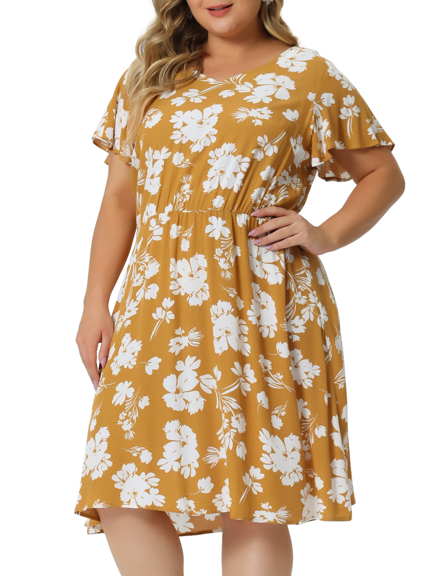 Women Plus Size Summer V Neck Flare Sleeve Sundress Peplum Midi Ruffle Dress