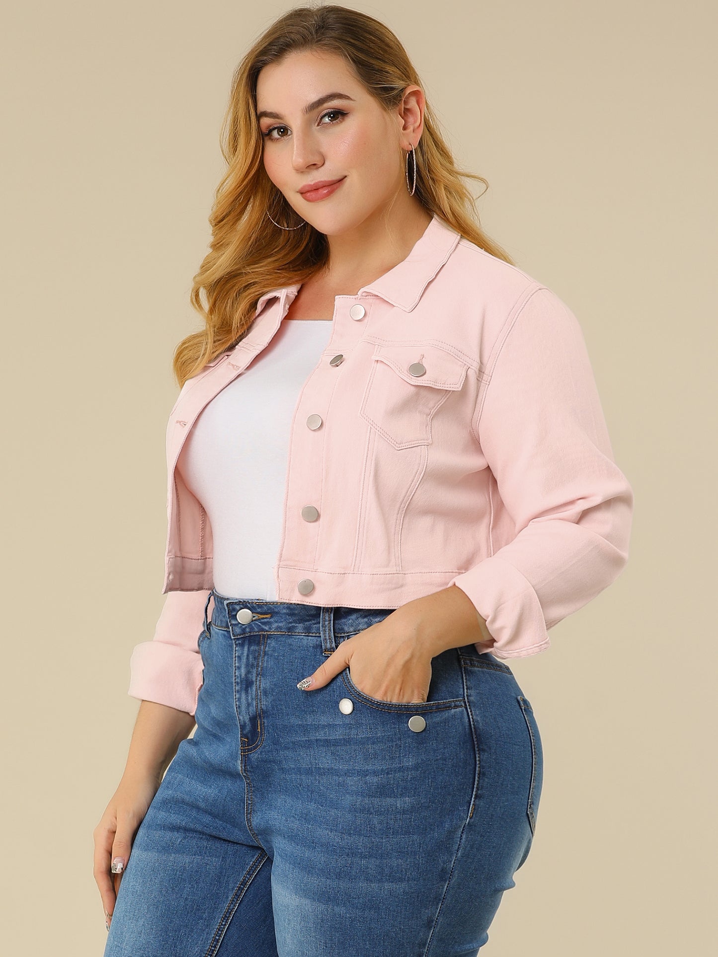 Women's Plus Size Button Closed Cropped Stitching Denim Jacket