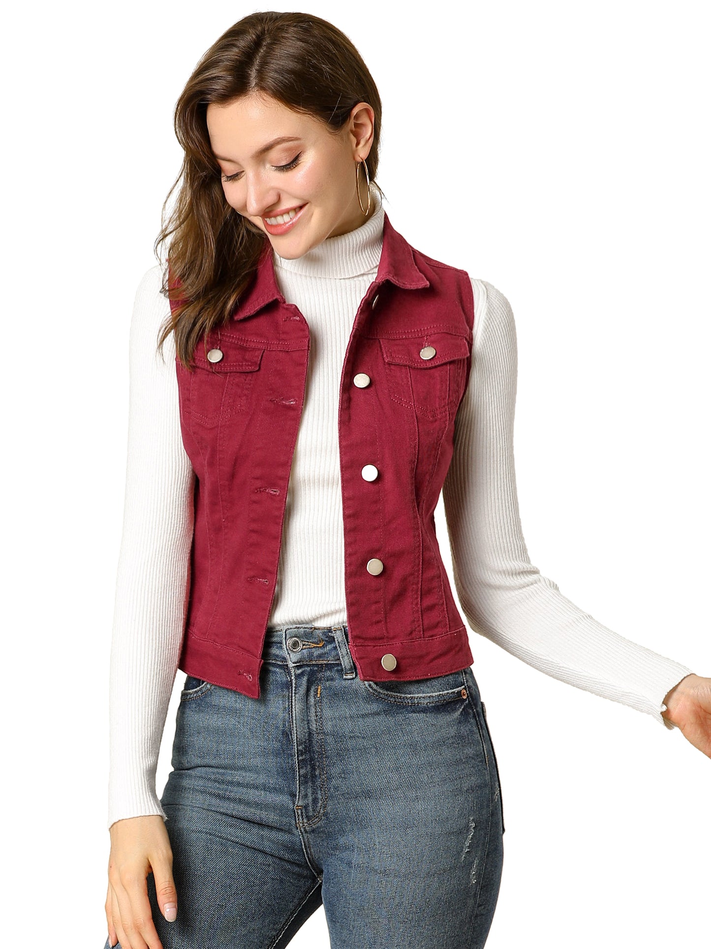 Women's Buttoned Washed Denim Vest Jacket W Chest Flap Pockets (Available in Plus Size)