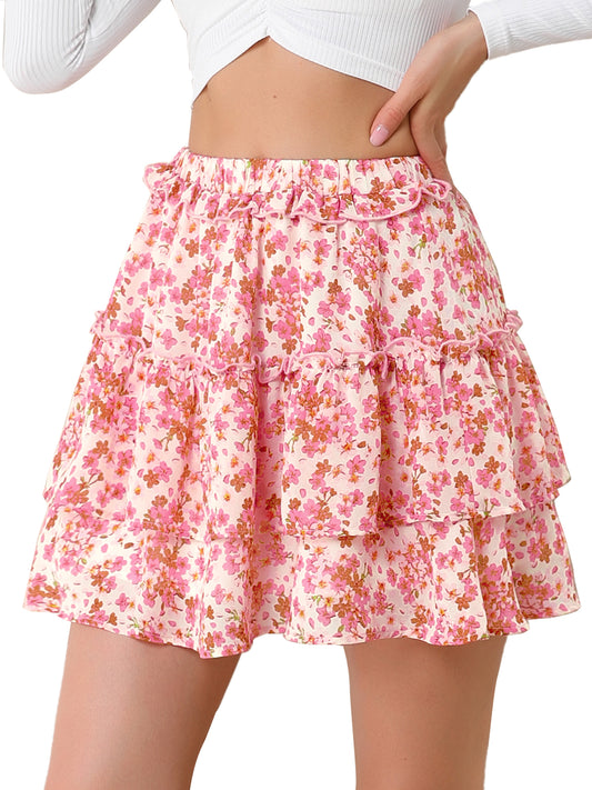 Minifalda skater floral con cintura elástica y dobladillo con volantes en capas para mujer