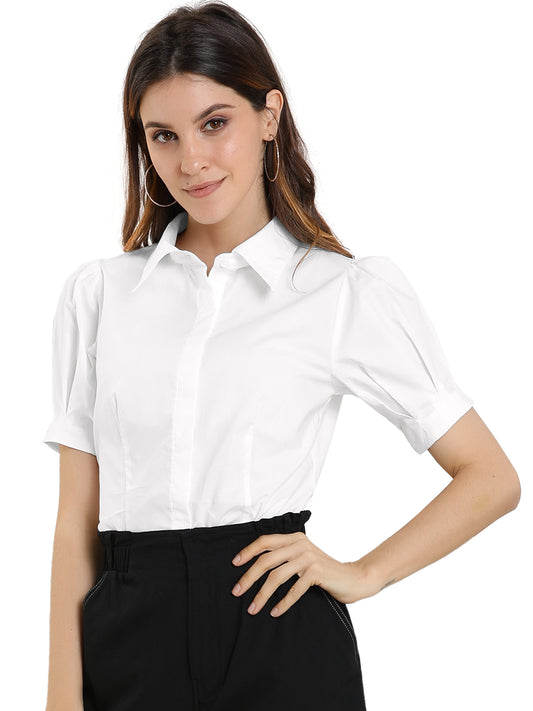 Women's Work Office Button Down Shirt Puff Sleeve Collared Short Sleeve Fashion Top