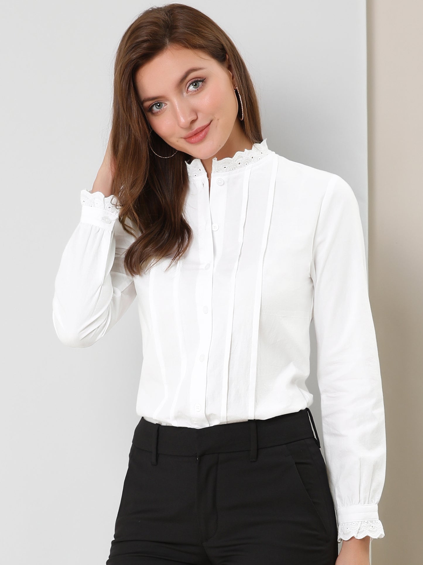 Women's Mock Neck Blouse Ruffle Work Office Cotton Pleated Button Up Shirt