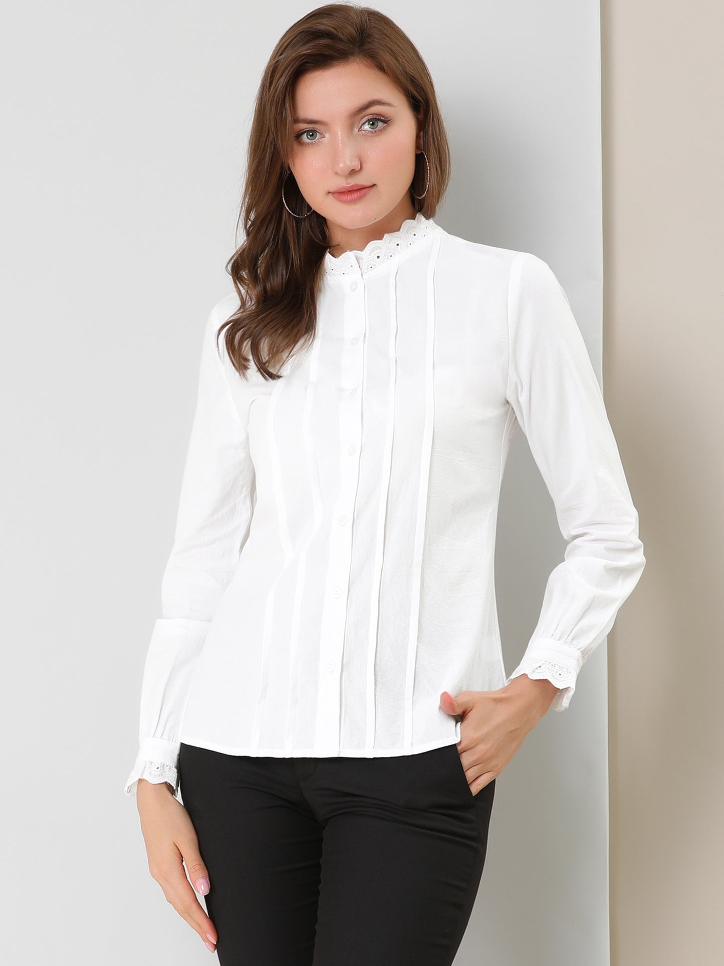 Women's Mock Neck Blouse Ruffle Work Office Cotton Pleated Button Up Shirt