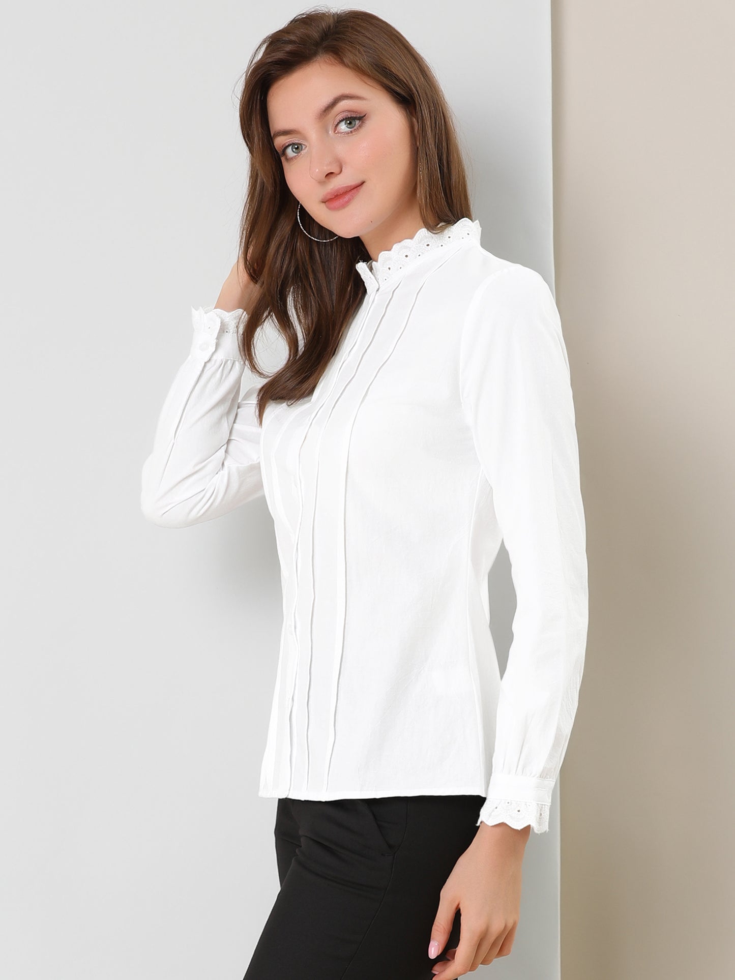 Women's Mock Neck Blouse Ruffle Work Office Cotton Pleated Button Up Shirt
