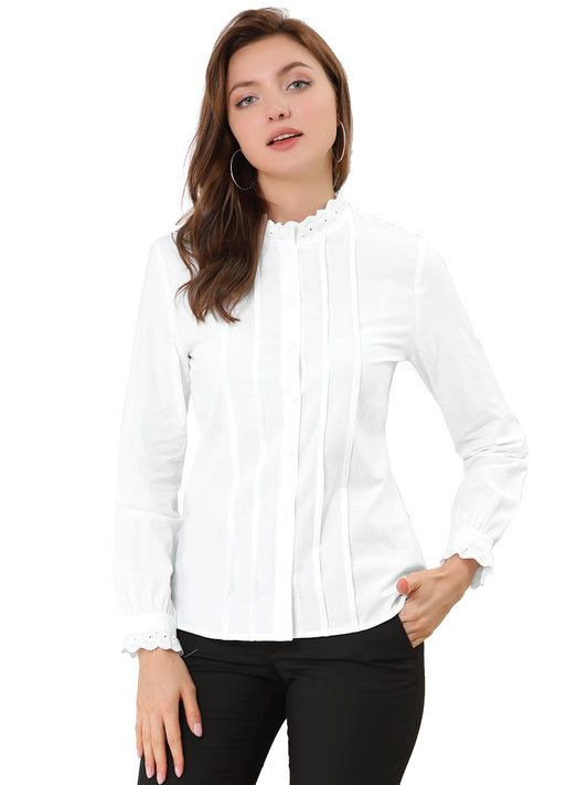 Women's Mock Neck Blouse Ruffle Work Office Cotton Pleated Button Up Shirt