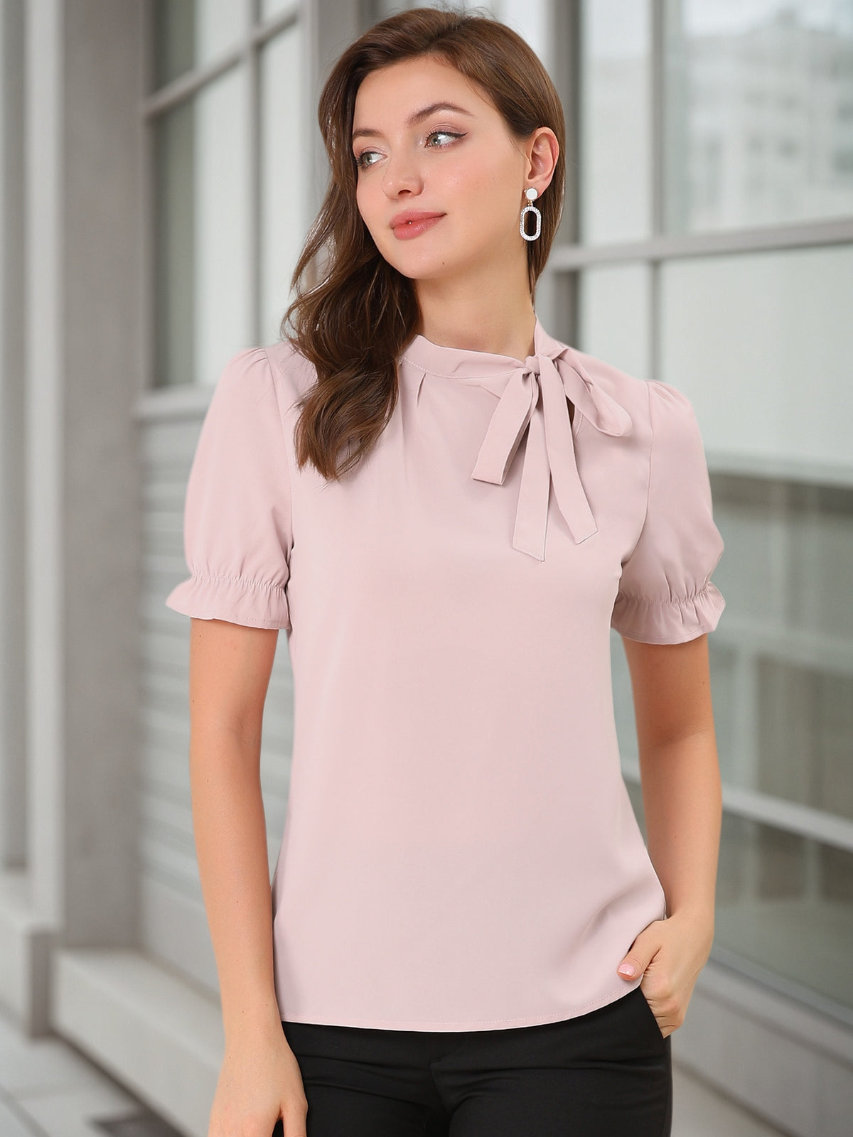 [PACK SALES] Women's 2 Pieces Elegant Bow Tie Neck Short Sleeve Office Work Blouses