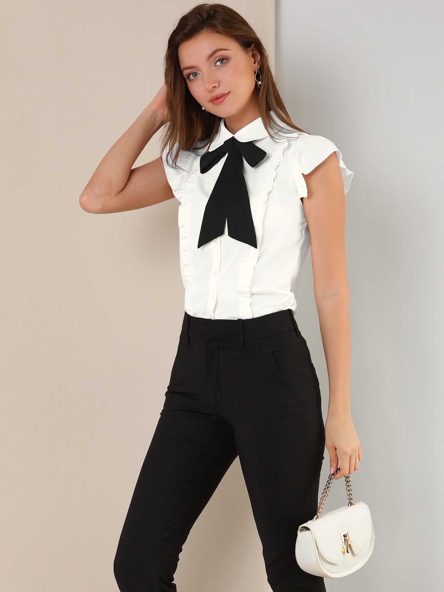 Women's Ruffles Cap Sleeve Tops Tie Neck Button Up Peter Pan Collar Blouse Shirts
