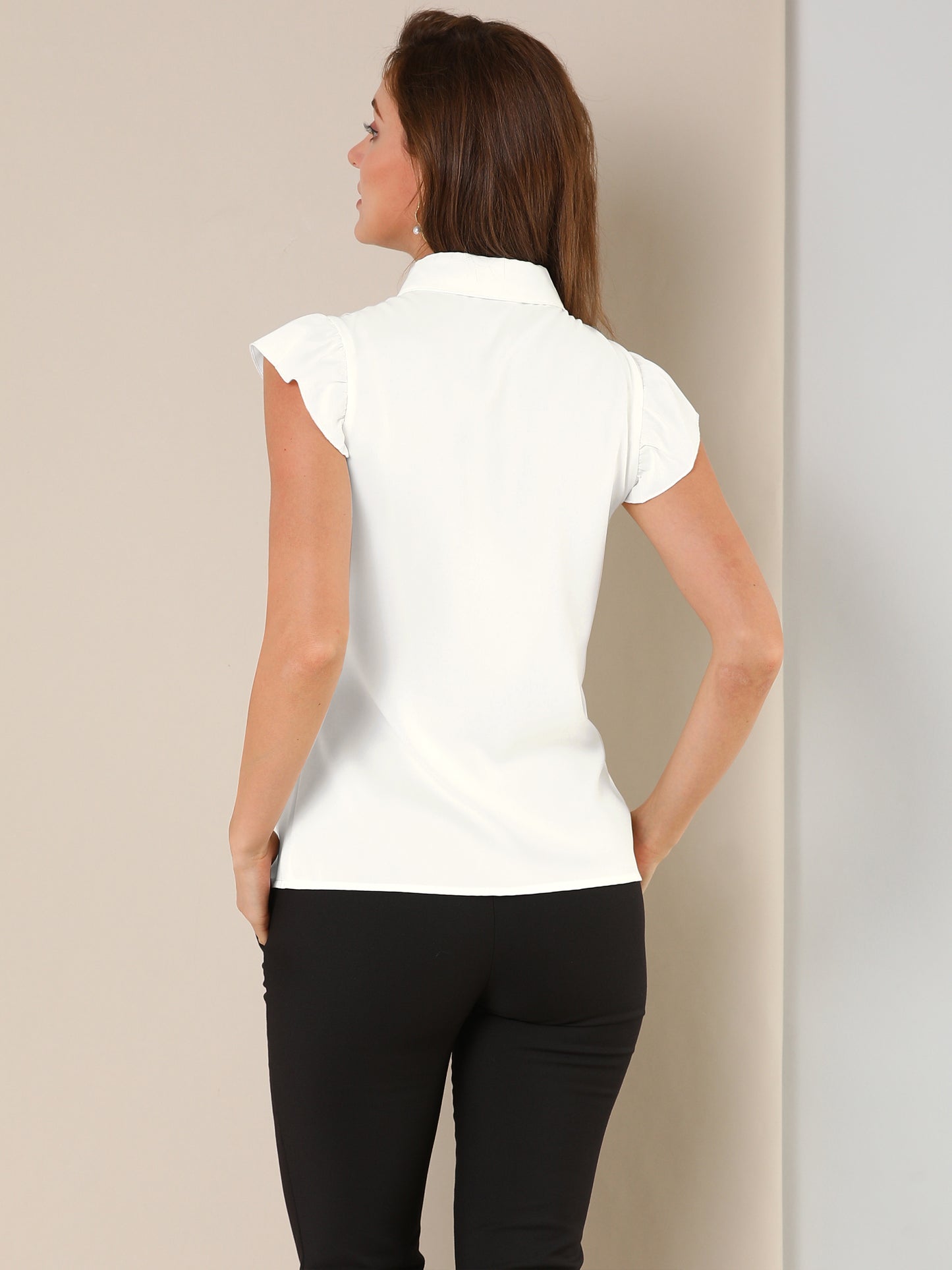 Women's Ruffles Cap Sleeve Tops Tie Neck Button Up Peter Pan Collar Blouse Shirts