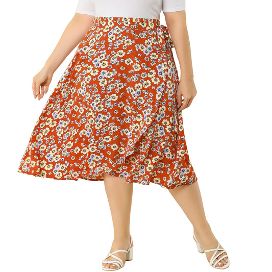 Women's Plus Size Boho Floral Wrap A Line Midi Chic Ruffled Hem High Waisted Skirt
