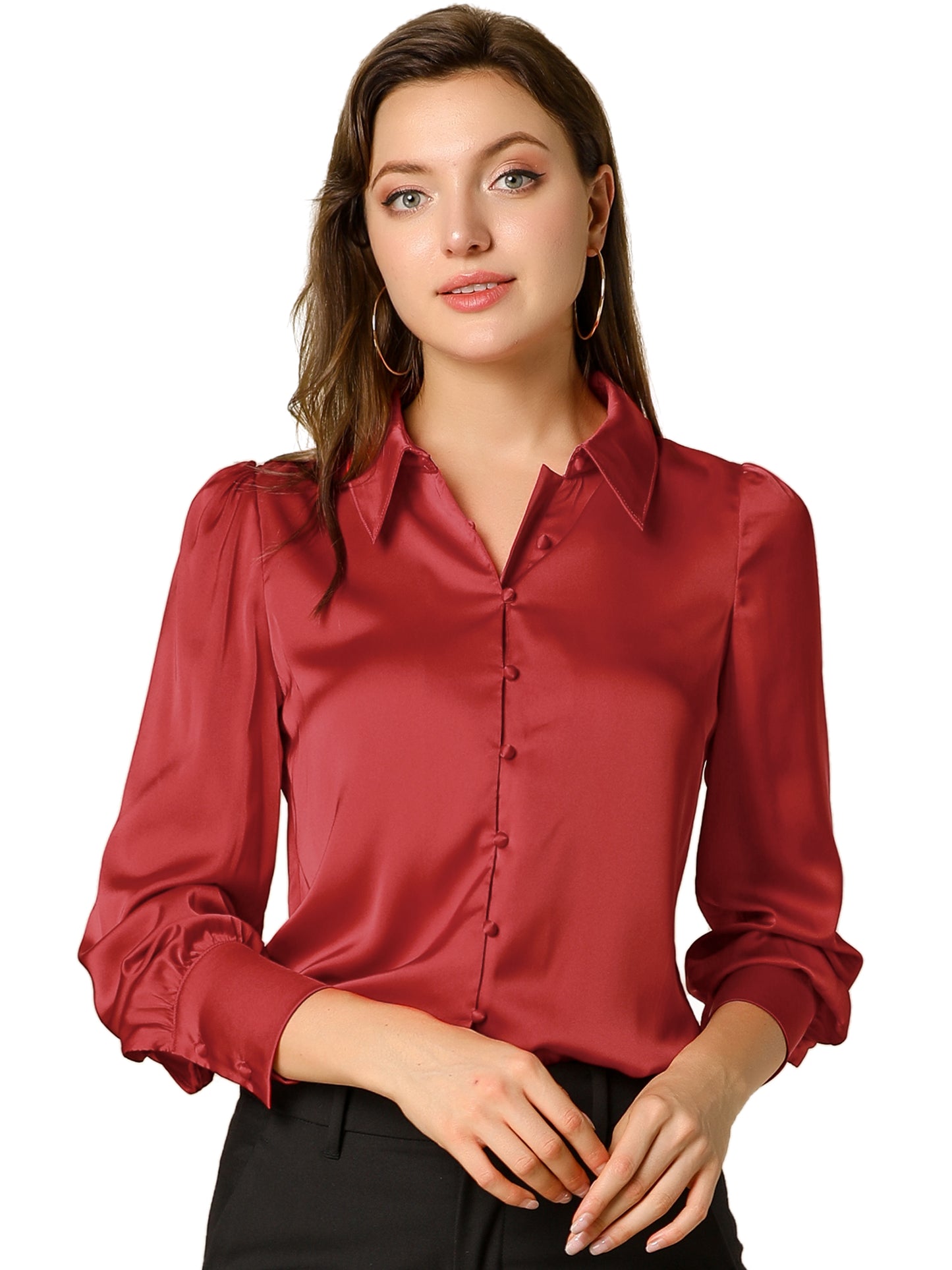 Women's Satin Puff Sleeve Collared Work Office Dressy Button Up Shirt, Deep Colors