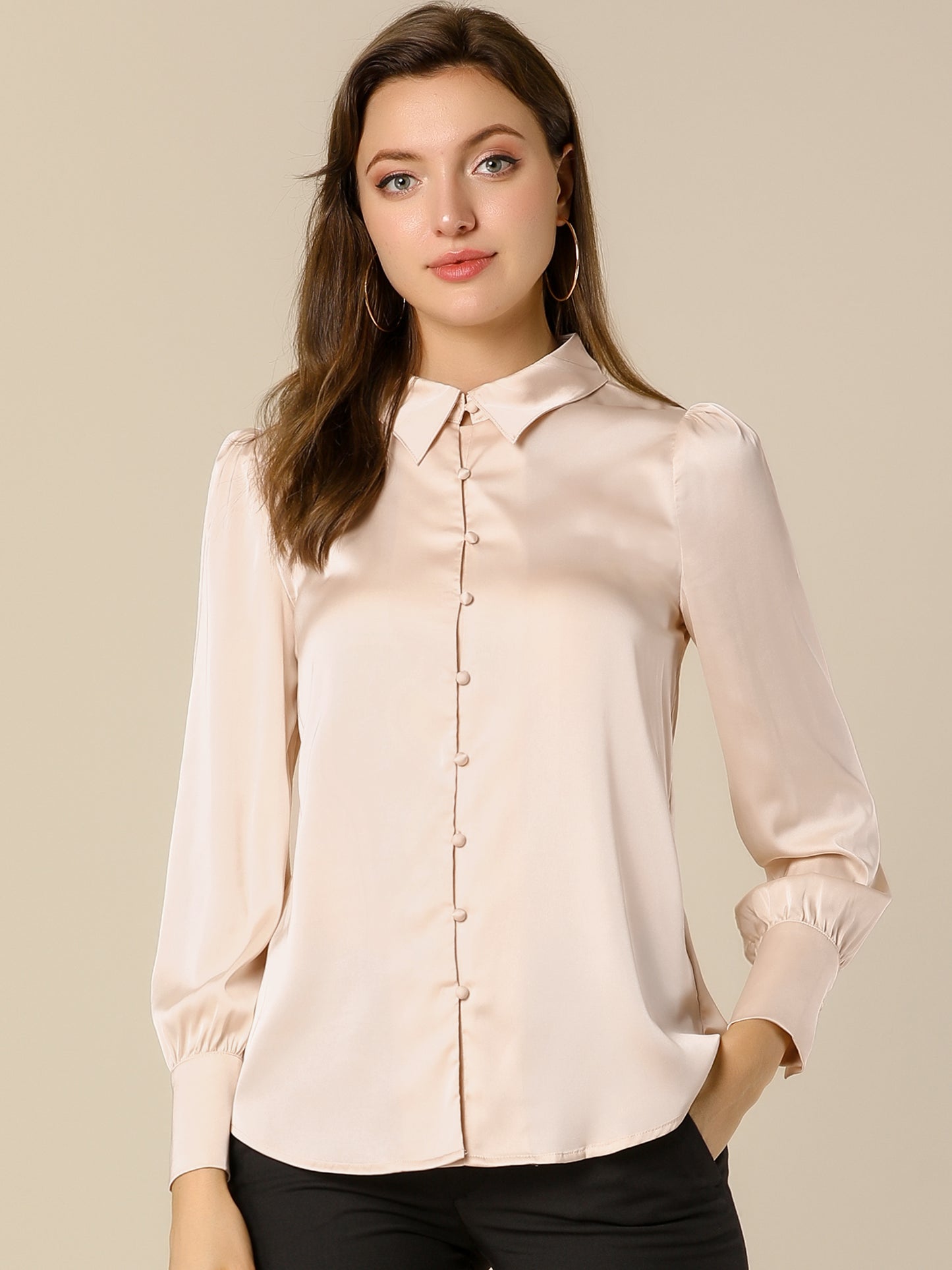 Women's Satin Puff Sleeve Collared Work Office Dressy Button Up Shirt, Light Colors